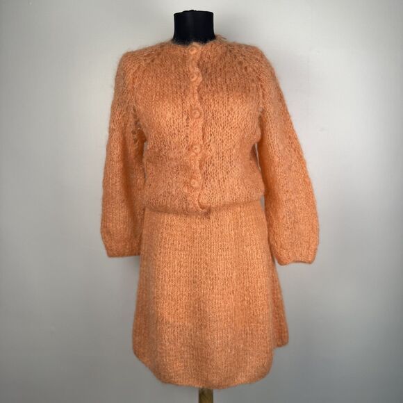 Vintage Si Bonne! Peach Mohair Knit Dress & Cardigan Sweater Set Fuzzy 2-Piece - Picture 1 of 15